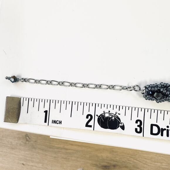 Black purple silver hand beaded necklace 12mm hand bezeled purple crystal 21" - Picture 7 of 8